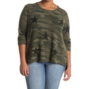Sweet Romeo Long Sleeve Sweater In Green Camo Multi Star Print Plus Size 1X